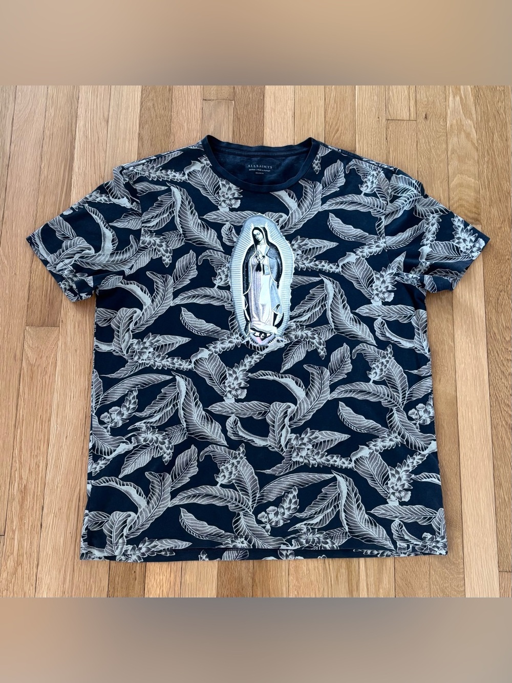 All Saints Black Virgin Mary All Over Print Shirt Mens Medium Relaxed Fit Rare